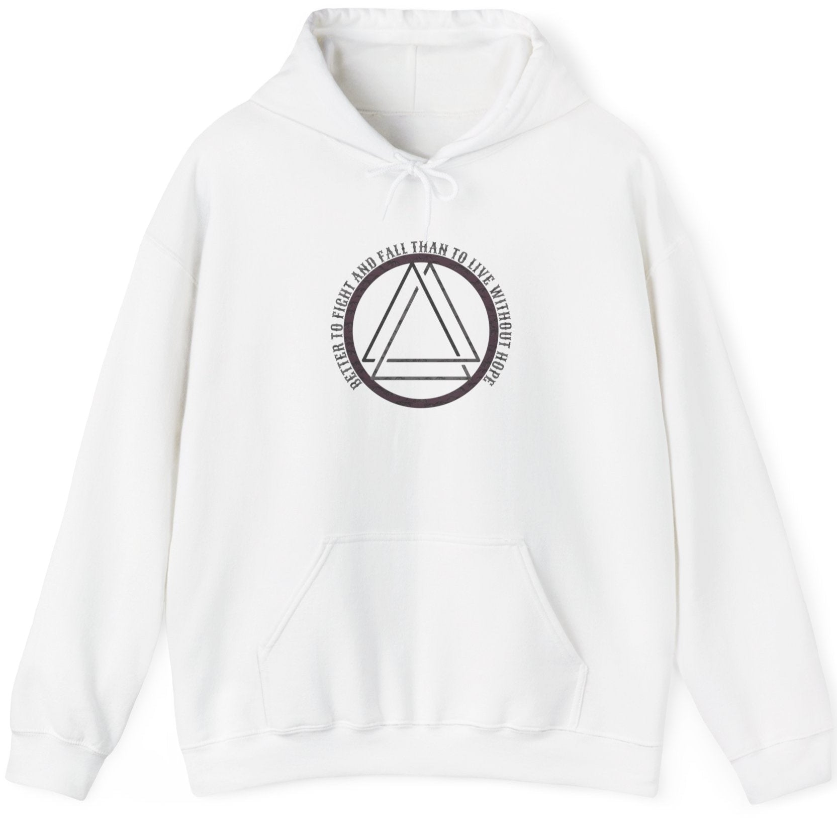 White Hoodie with the text "Better to fight and fall than to live without hope" and a image of the valknut.