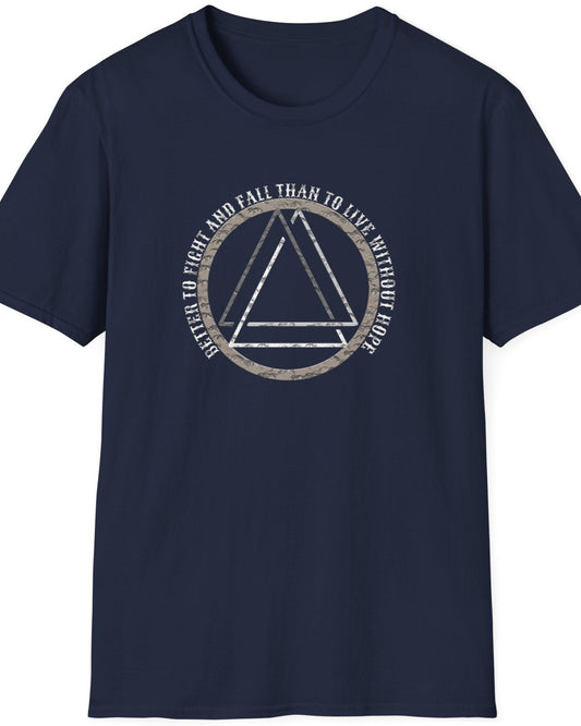 Navy T-Shirt with the text "Better to fight and fall than to live without hope" and a image of the valknut.