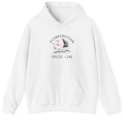 White Hoodie with the text "Scandinavian Cruise Line" and a text of a viking boat