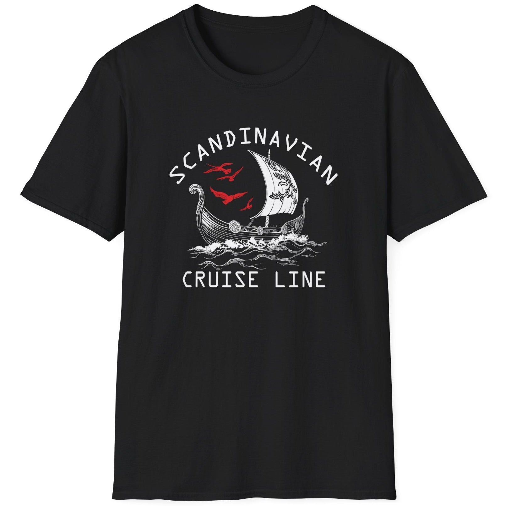 Black T-Shirt with the text "Scandinavian Cruise Line" and a image of a viking boat.