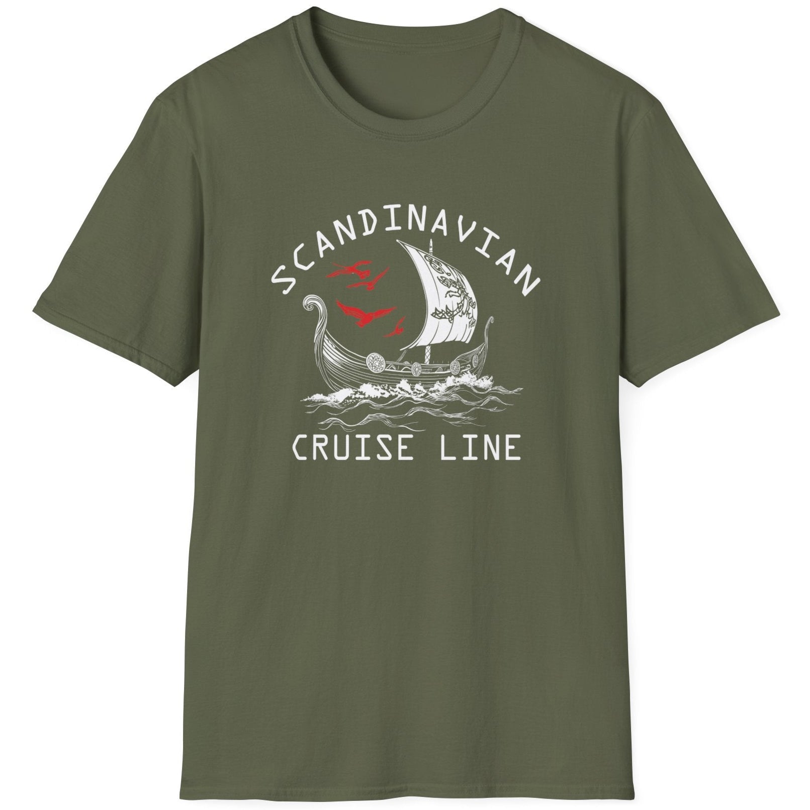 Green T-Shirt with the text "Scandinavian Cruise Line" and a image of a viking boat.