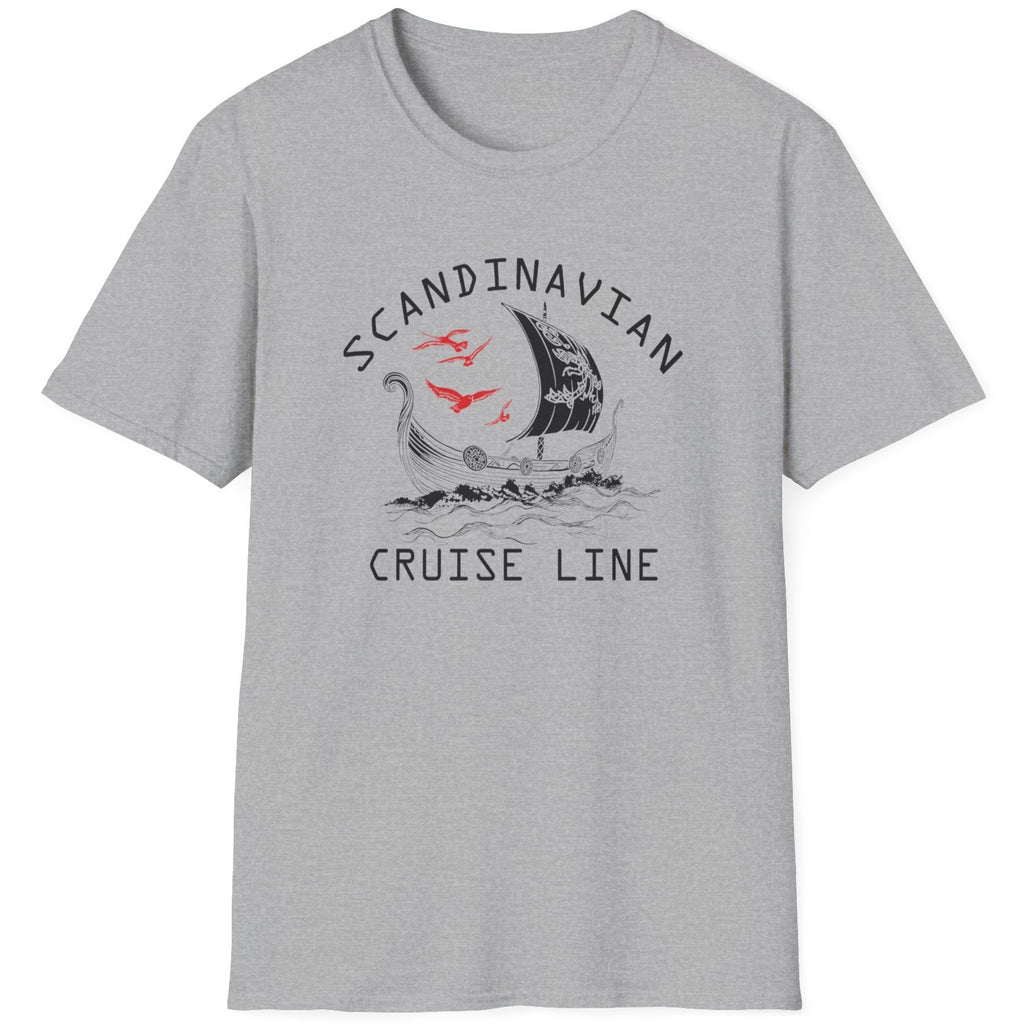 Grey T-Shirt with the text "Scandinavian Cruise Line" and a image of a viking boat.