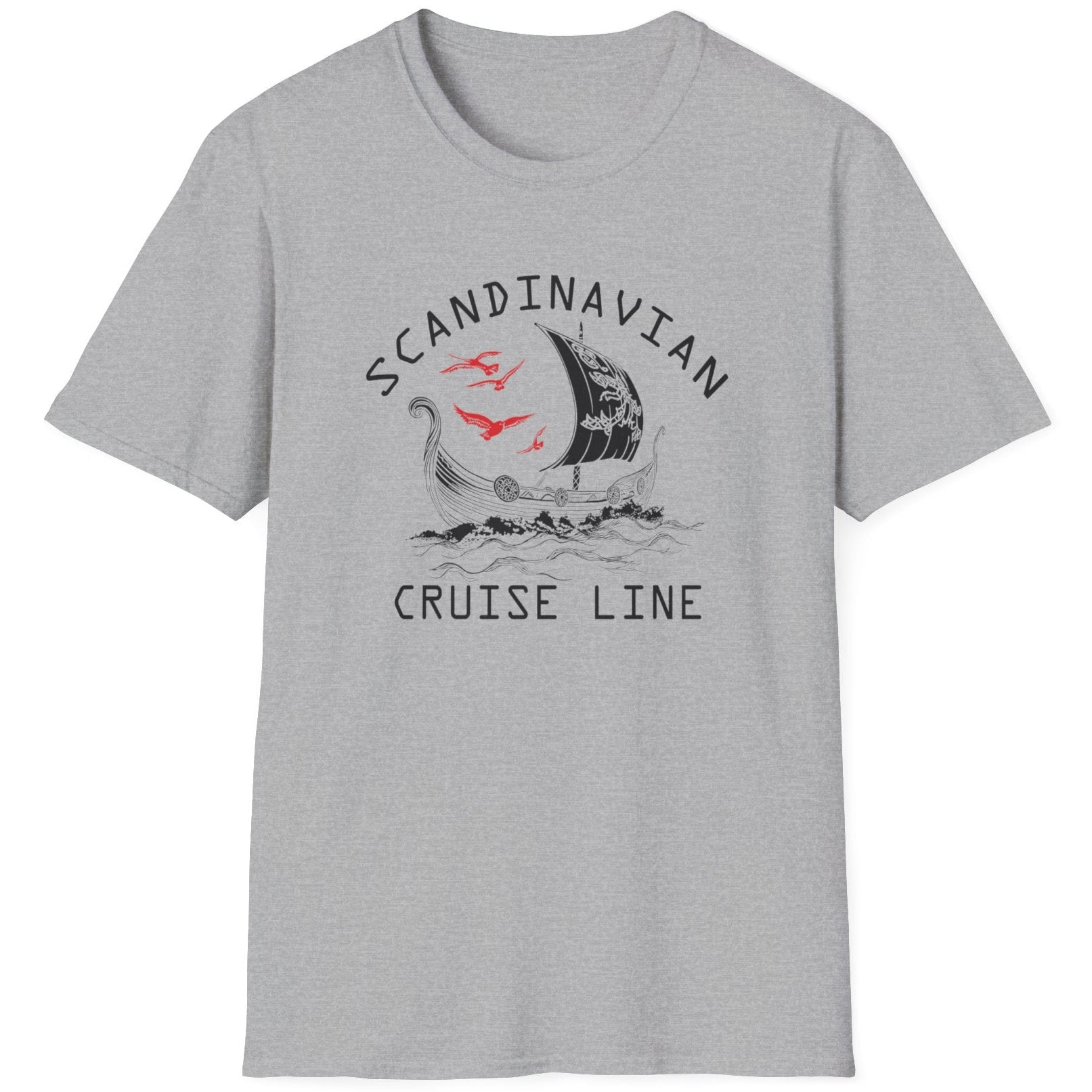 Grey T-Shirt with the text "Scandinavian Cruise Line" and a image of a viking boat.