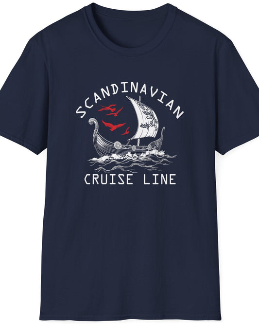 Navy T-Shirt with the text "Scandinavian Cruise Line" and a image of a viking boat