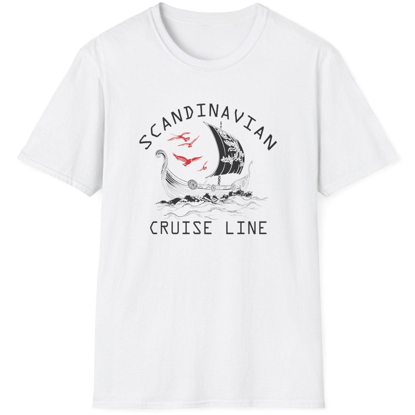 White T-Shirt with the text "Scandinavian Cruise Line" and a image of a viking boat