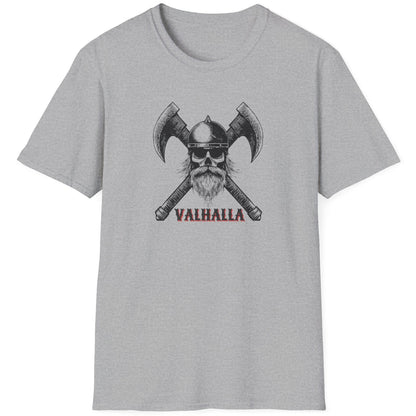 Grey T-Shirt with the text VALHALLA and image of a scull of a viking and 2 axes that are crossed. 