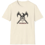 Natural coloured T-Shirt with the text VALHALLA and image of a scull of a viking and 2 axes that are crossed. 