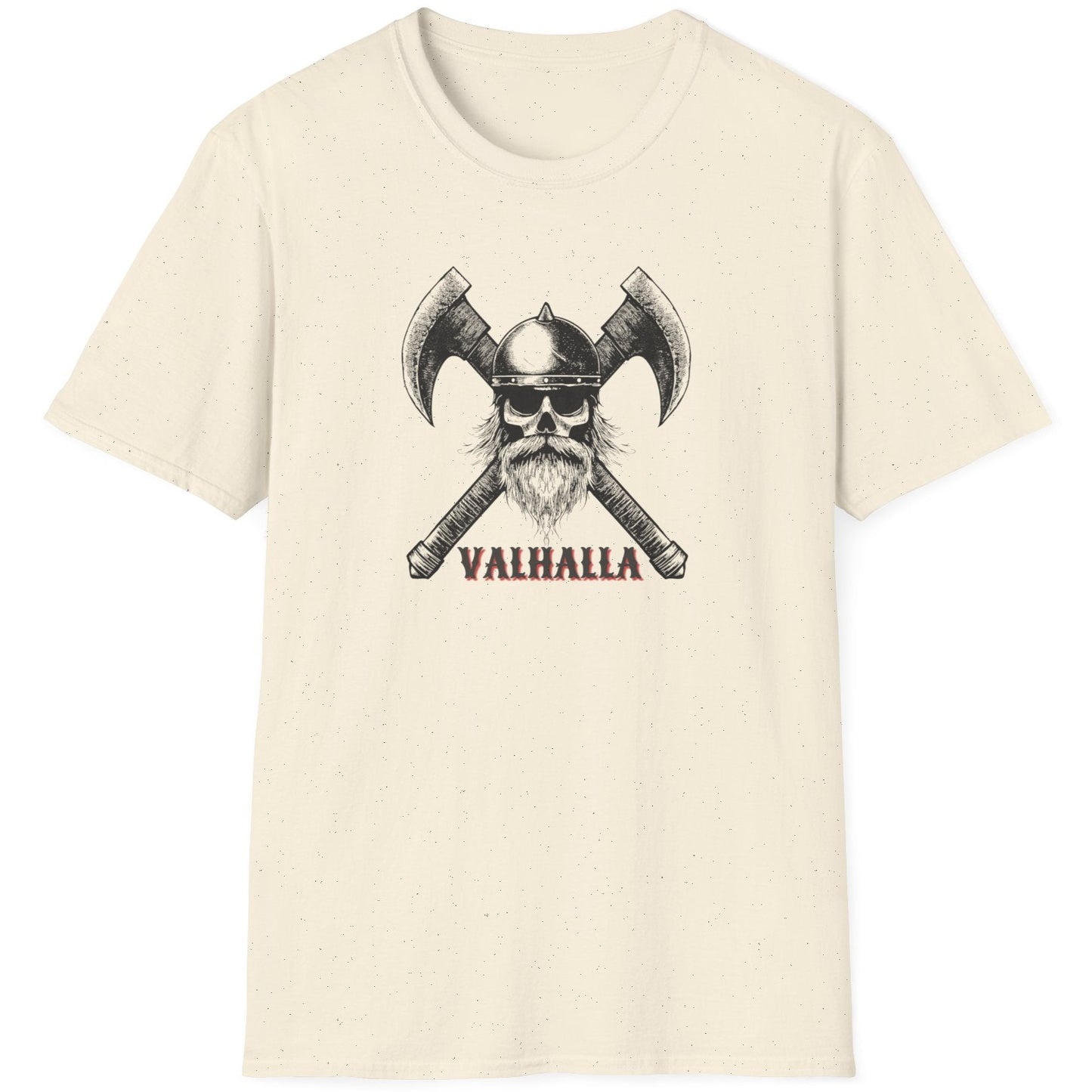 Natural coloured T-Shirt with the text VALHALLA and image of a scull of a viking and 2 axes that are crossed. 