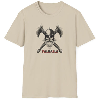 Sand T-Shirt with the text VALHALLA and image of a scull of a viking and 2 axes that are crossed. 