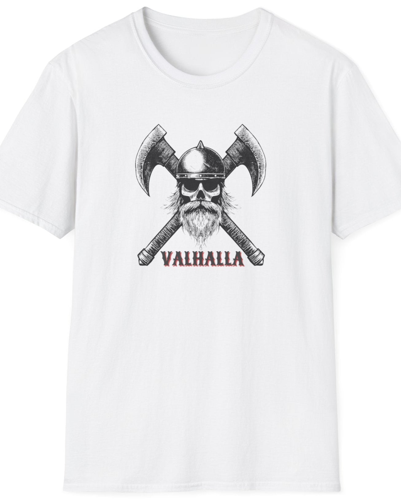 White T-Shirt with the text VALHALLA and image of a scull of a viking and 2 axes that are crossed. 