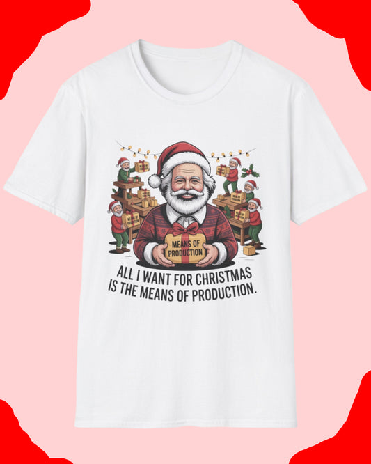 White t-shirt with a graphic of Santa Claus and text on a white background