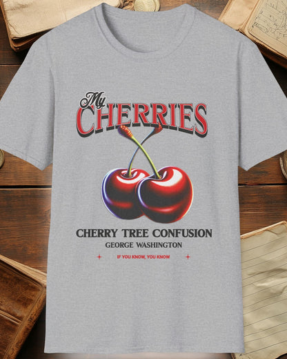 grey tshirt with charries and the text "The cherries, cherry tree confusion"