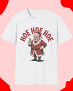 White t-shirt with a graphic of a cartoon Santa Claus and text 'HOE HOE HOE' on a white background