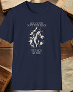 navy tshirt with a warrior and the text "real goths dont wear black, they sack rome"