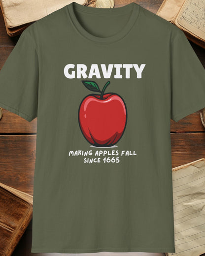 green tshirt with a apple and the text "Gravity, Making apples fall since 1665"