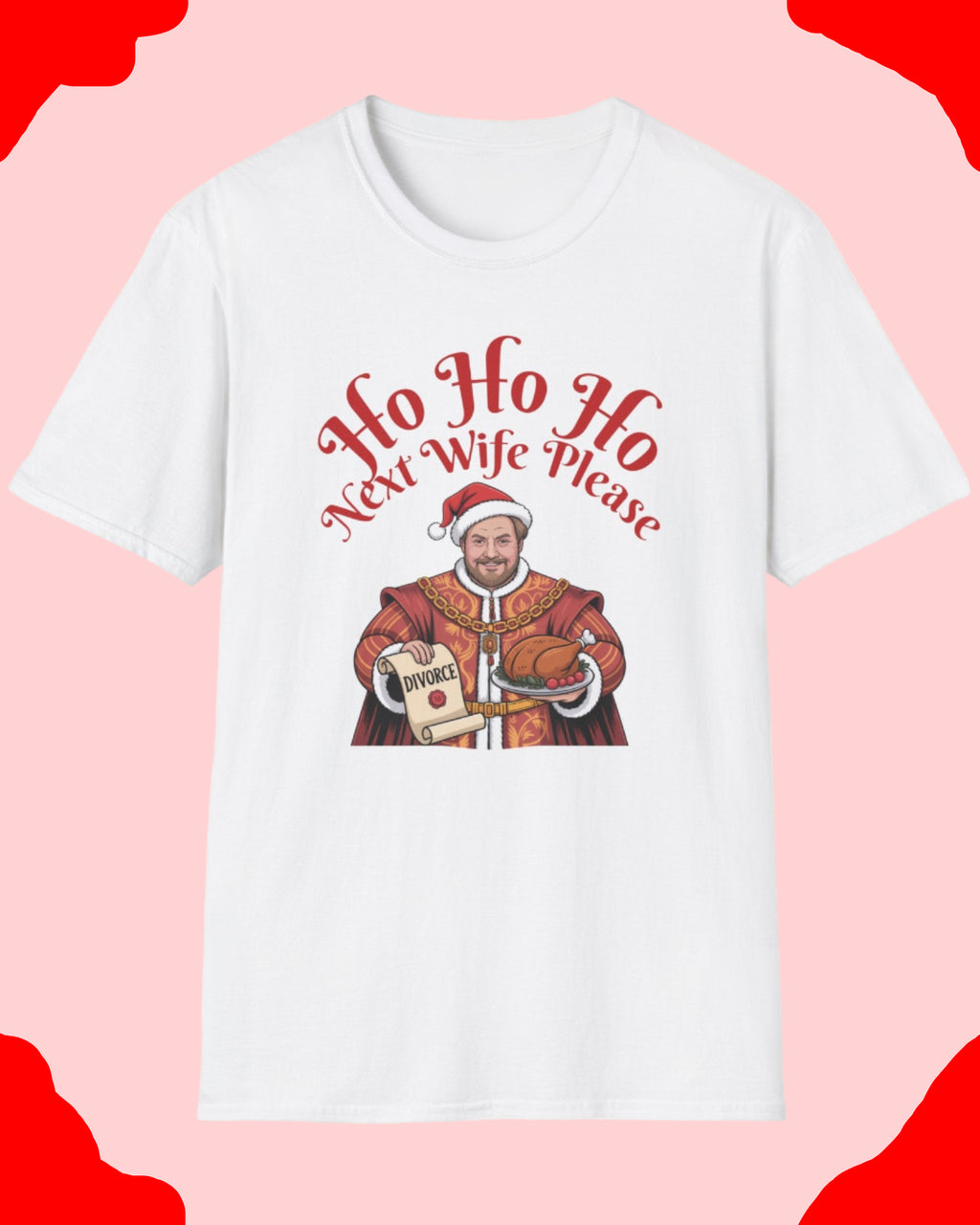 White t-shirt with Christmas-themed graphic and text on a white background