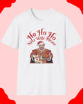 White t-shirt with Christmas-themed graphic and text on a white background