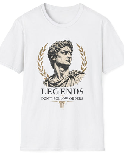 A white short-sleeve crewneck t-shirt featuring a graphic print of a classical bust with a laurel wreath and the text 'LEGENDS DON'T FOLLOW ORDERS' in black and gold.