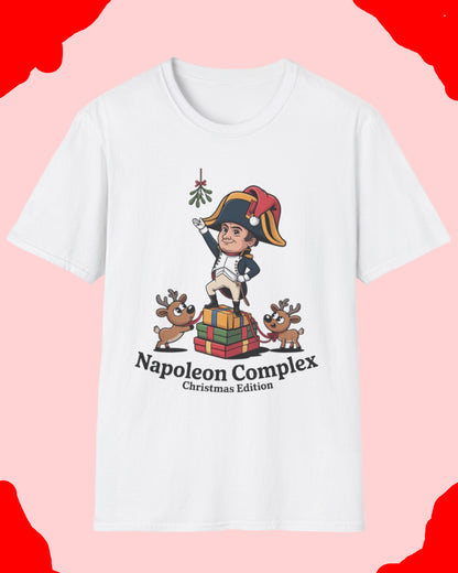 White t-shirt with Christmas-themed design featuring a character and text on a white background