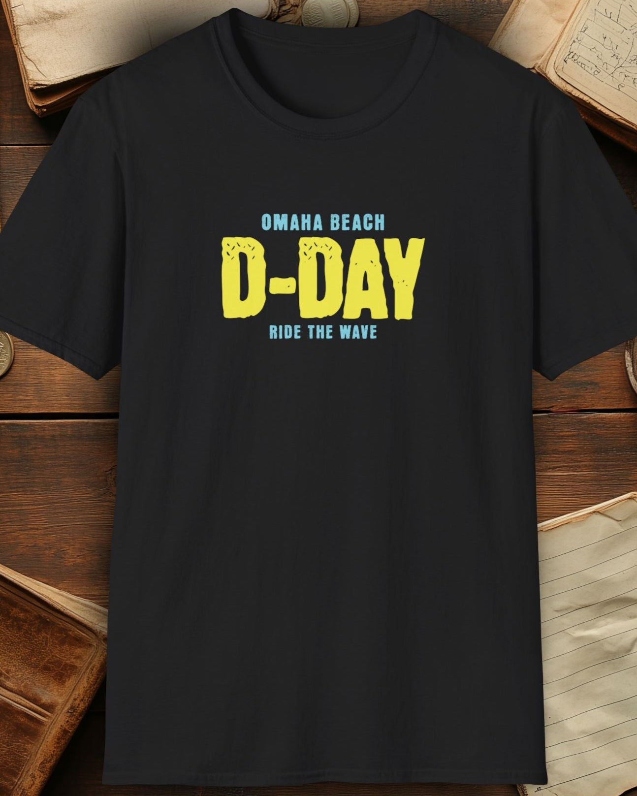 black tshirt with the text "Omaha beach, D-Day, Ride the wave"