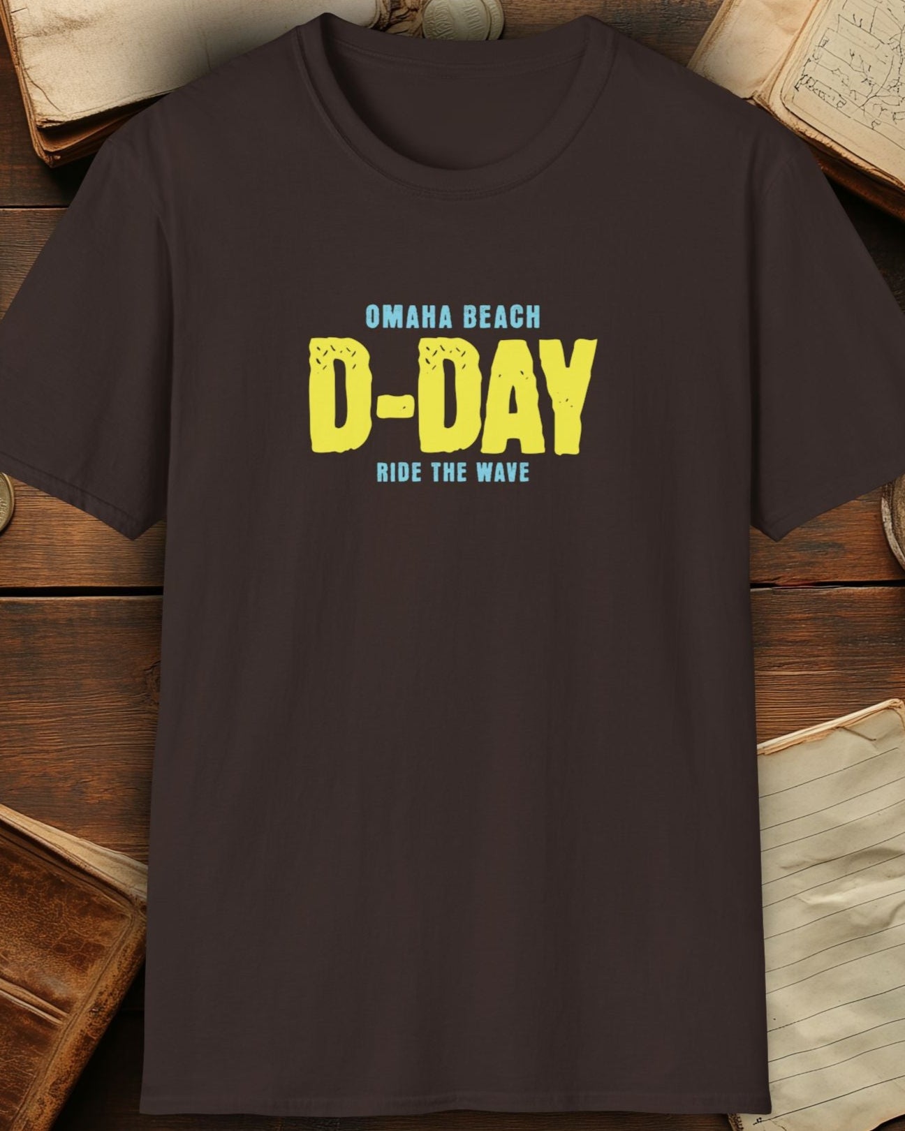 brown tshirt with the text "Omaha beach, D-Day, Ride the wave"