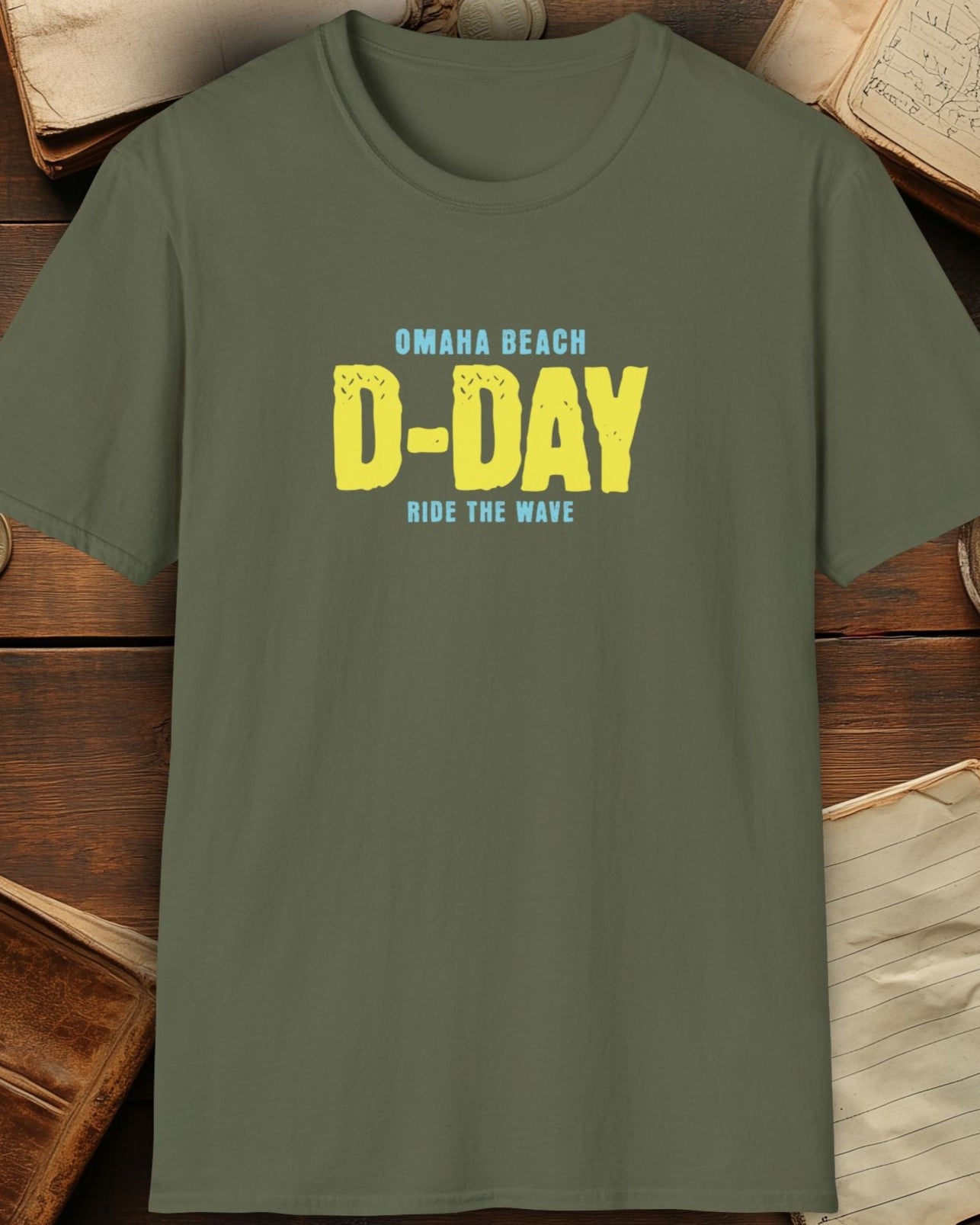 green tshirt with the text "Omaha beach, D-Day, Ride the wave"