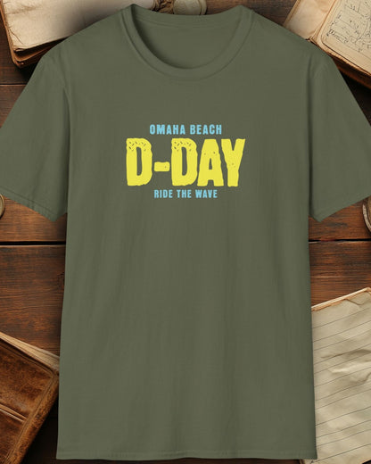 green tshirt with the text "Omaha beach, D-Day, Ride the wave"