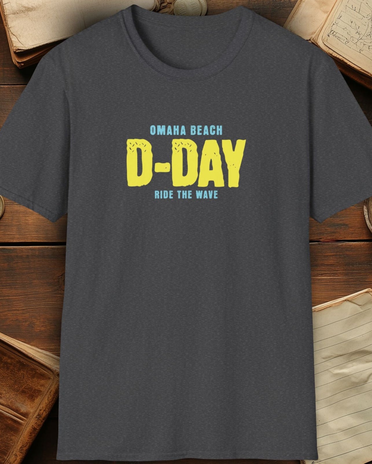 grey tshirt with the text "Omaha beach, D-Day, Ride the wave"