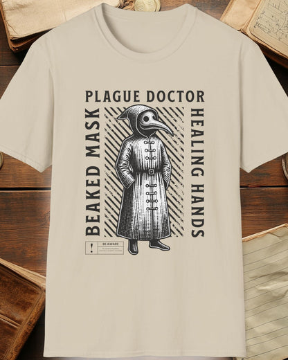 sand shirt with the plague doctor and the text "beaked mask,plague doctor, healing hands"
