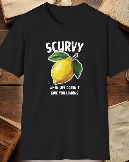 black tshirt with a lemon and the text "scurvy, when life doesnt give you lemons"