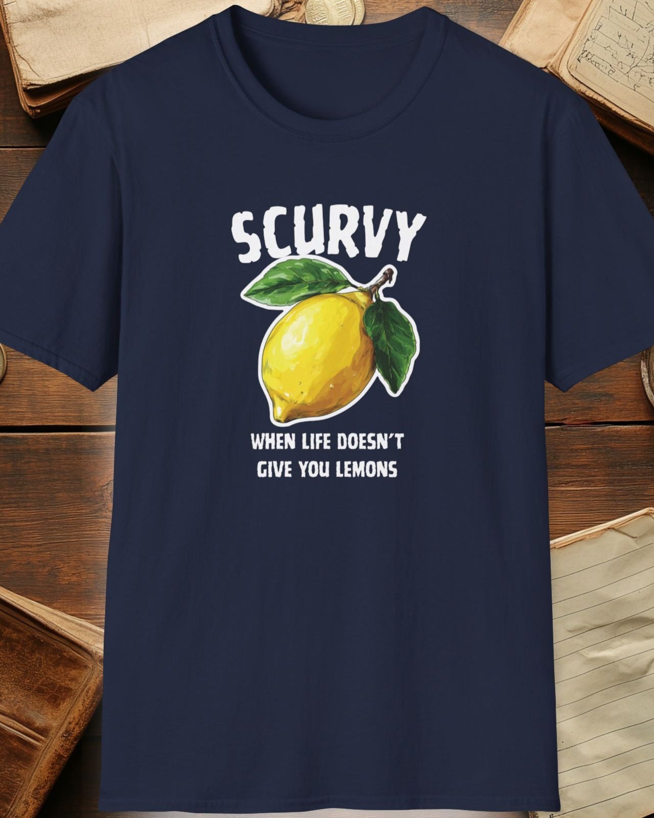 navy tshirt with a lemon and the text "scurvy, when life doesnt give you lemons"