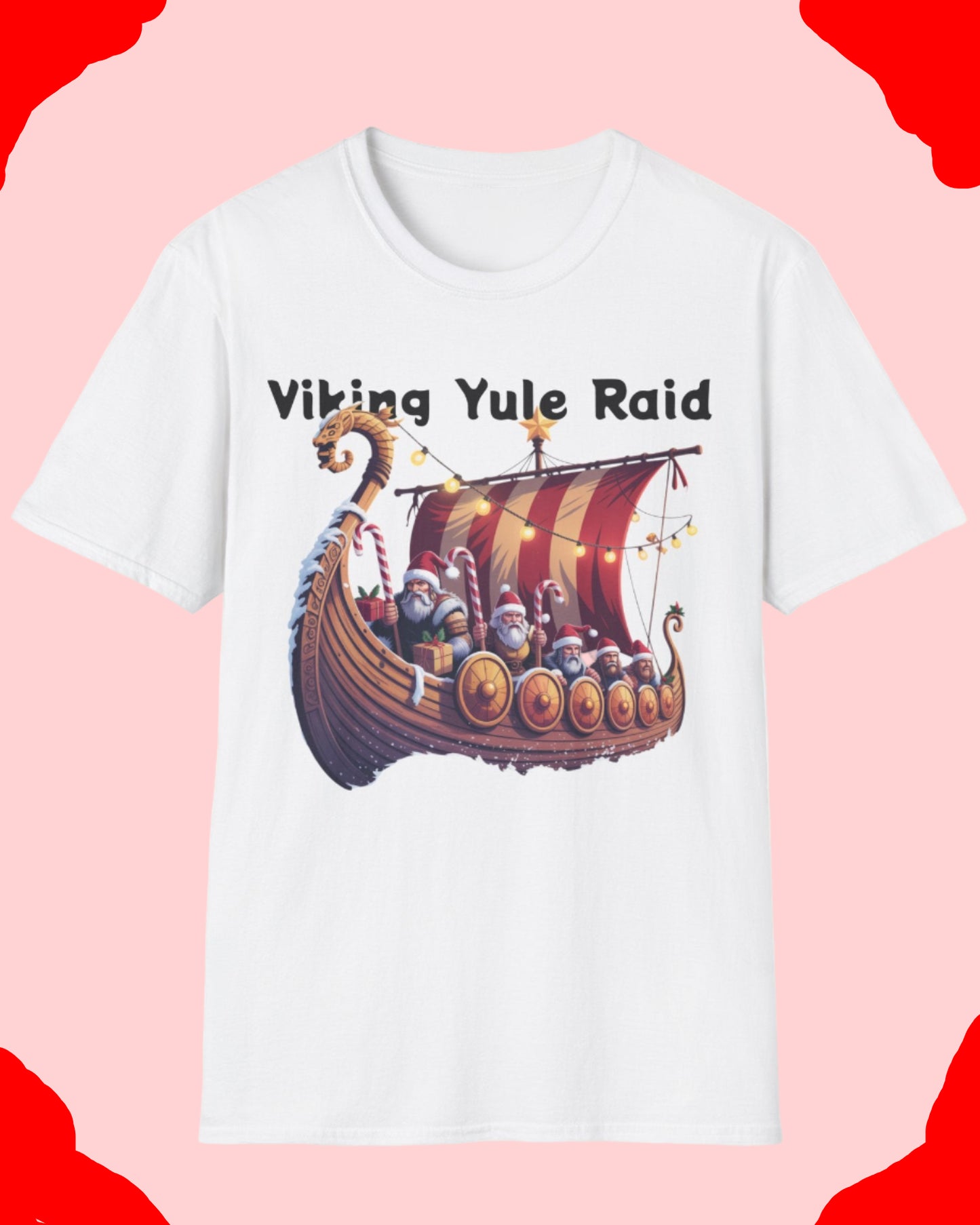White t-shirt with a Viking ship graphic and text on a white background