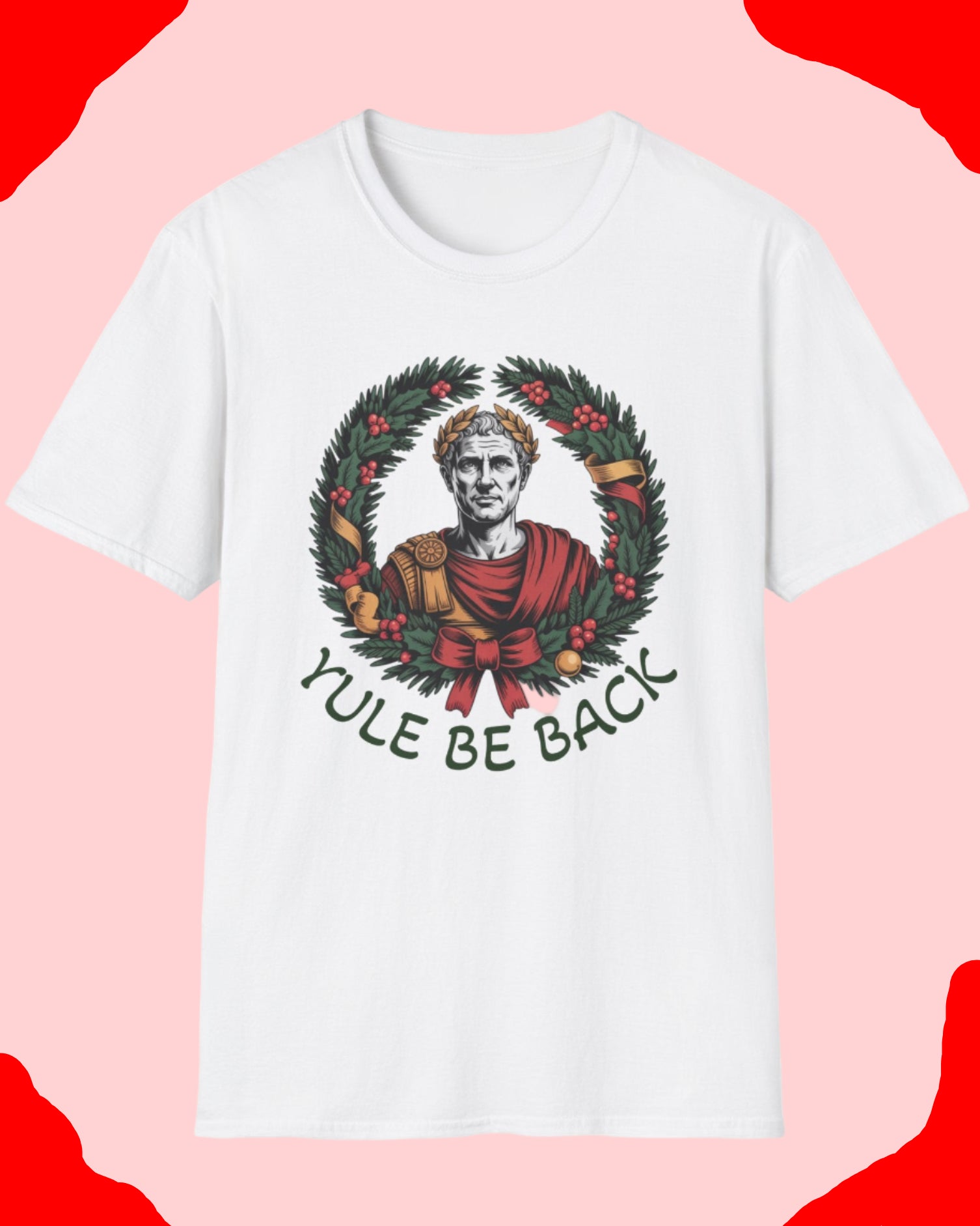 White t-shirt with a graphic design featuring a wreath and text on a white background